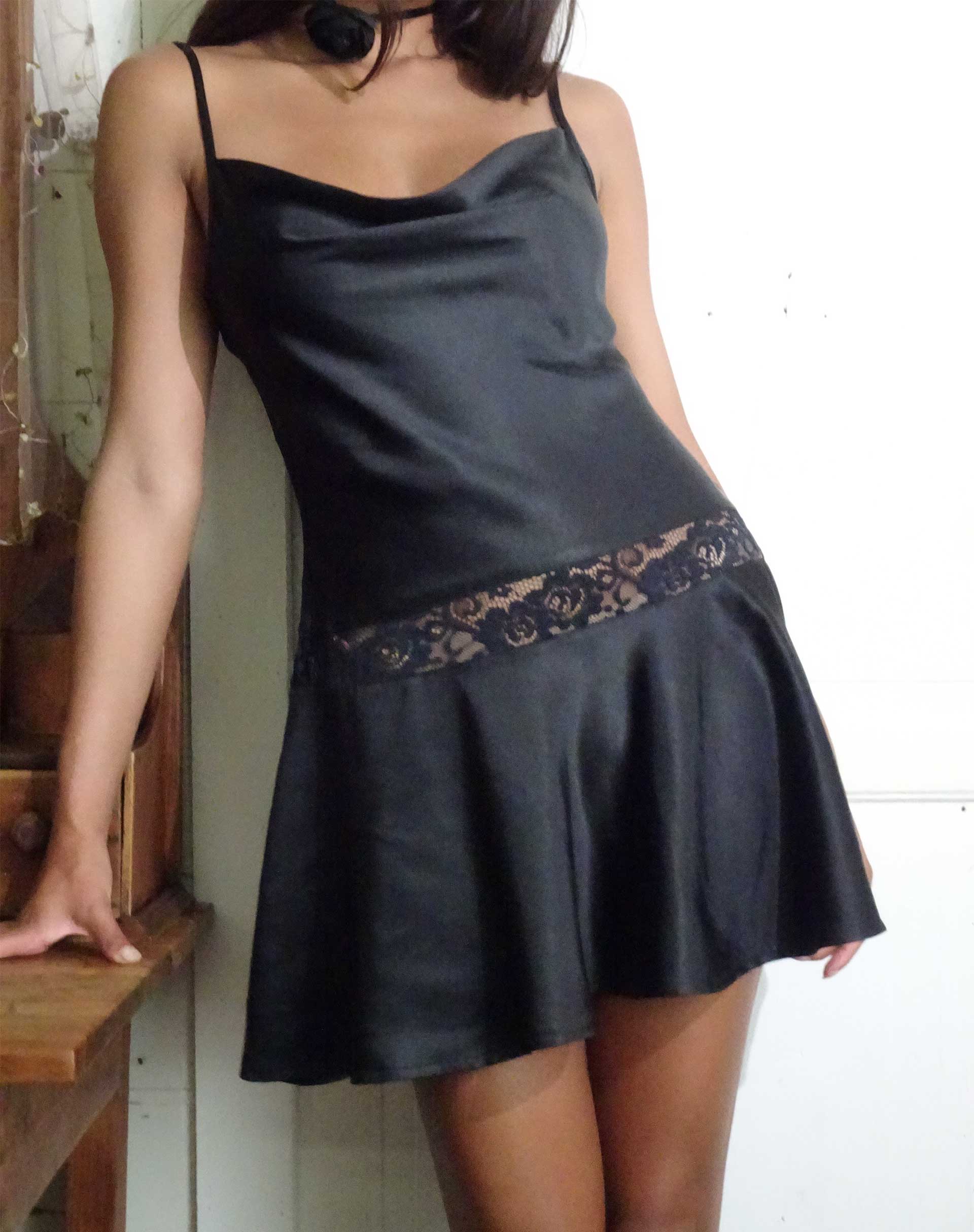Tahira Mini Slip Dress in Satin Black - Awmao