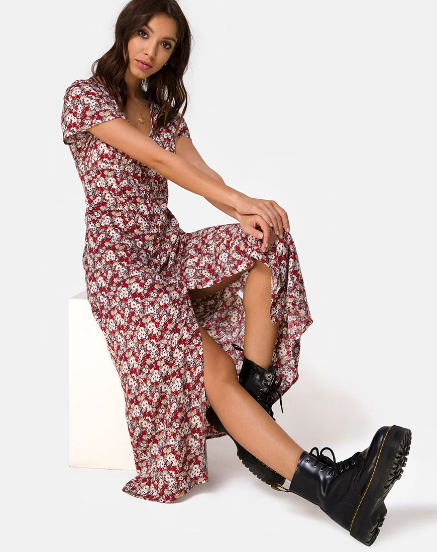 Larin Midi Dress in Floral Charm Red - Awmao