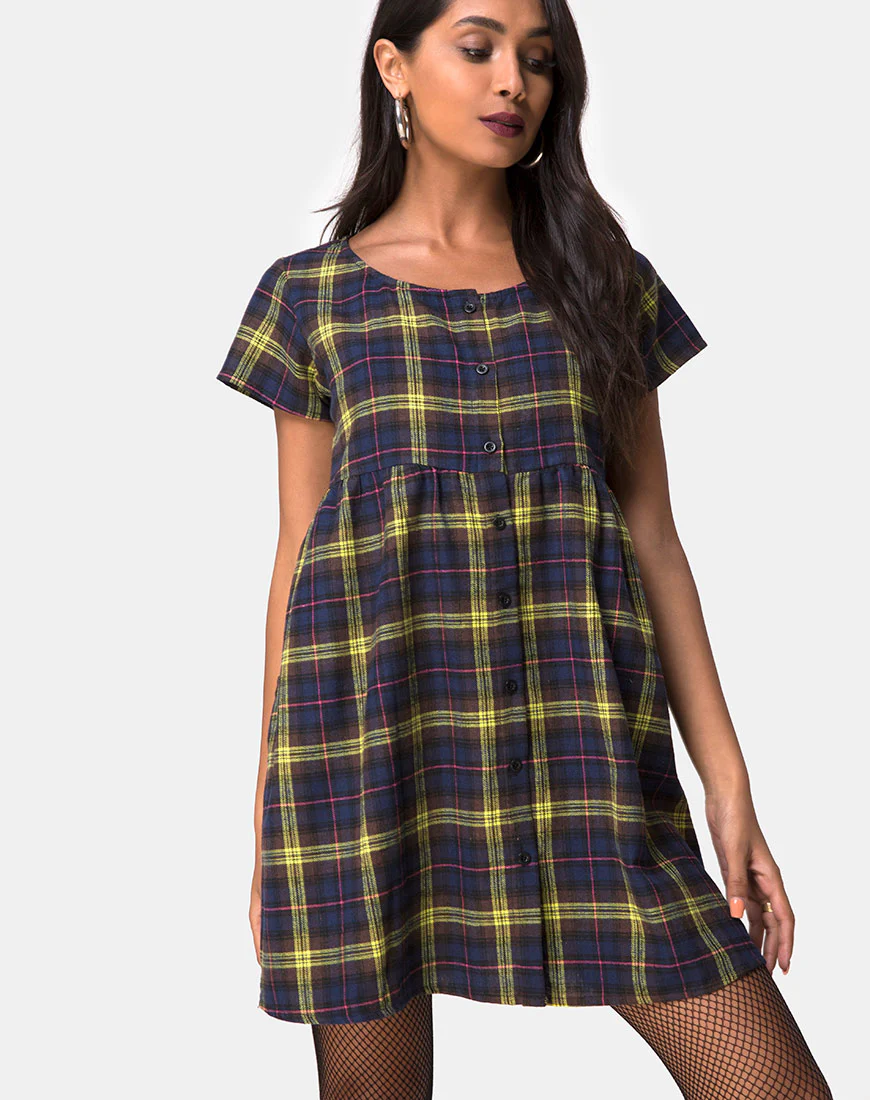 Skibbie Dress In Plain Brown Yellow Check - Awmao