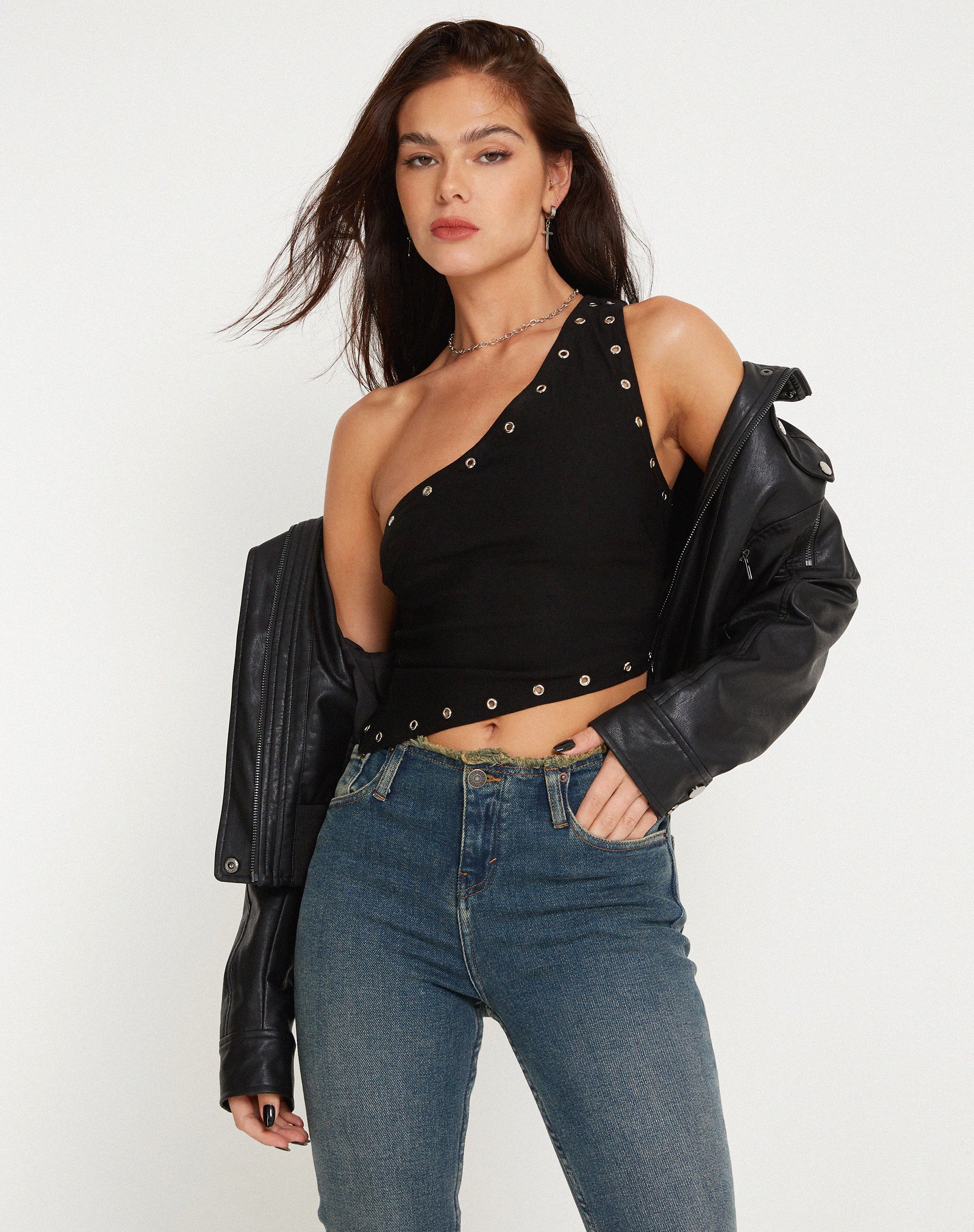 Soyuna Asymmetric Crop Top in Black with Eyelet - Awmao