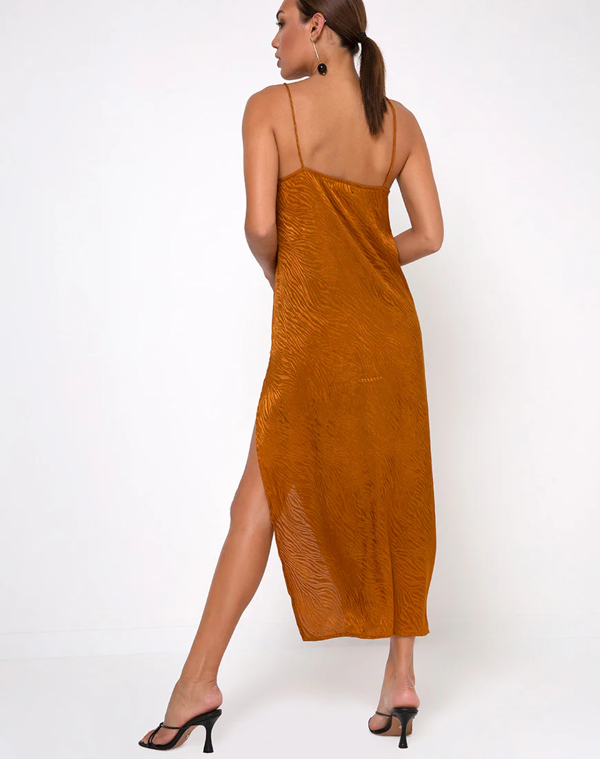 Batis Maxi Dress in Satin Zebra Golden Coral - Awmao