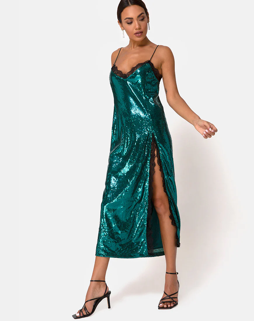 Fitilia Dress in Teal Mini Sequin with Black Lace - Awmao