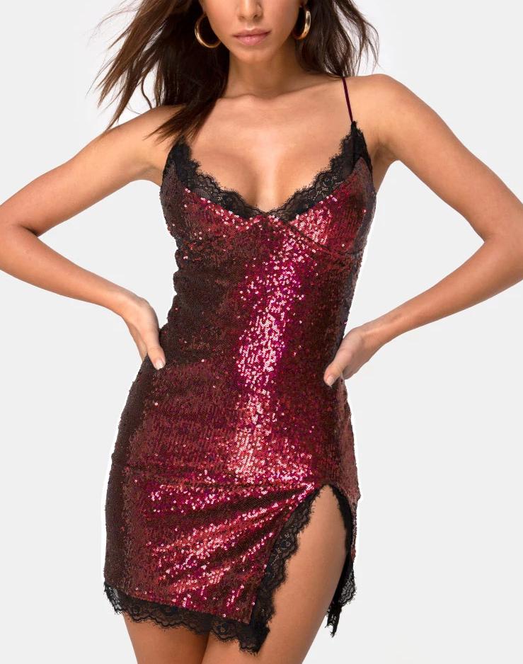 Romini Dress in Burgundy Mini Sequin with Black Lace - Awmao
