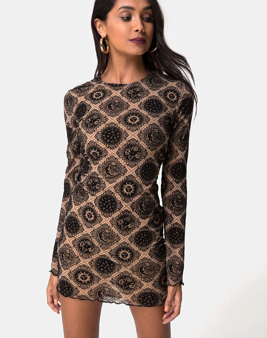 Wyanna Dress in Taupe Net with Black Sign Flock - Awmao