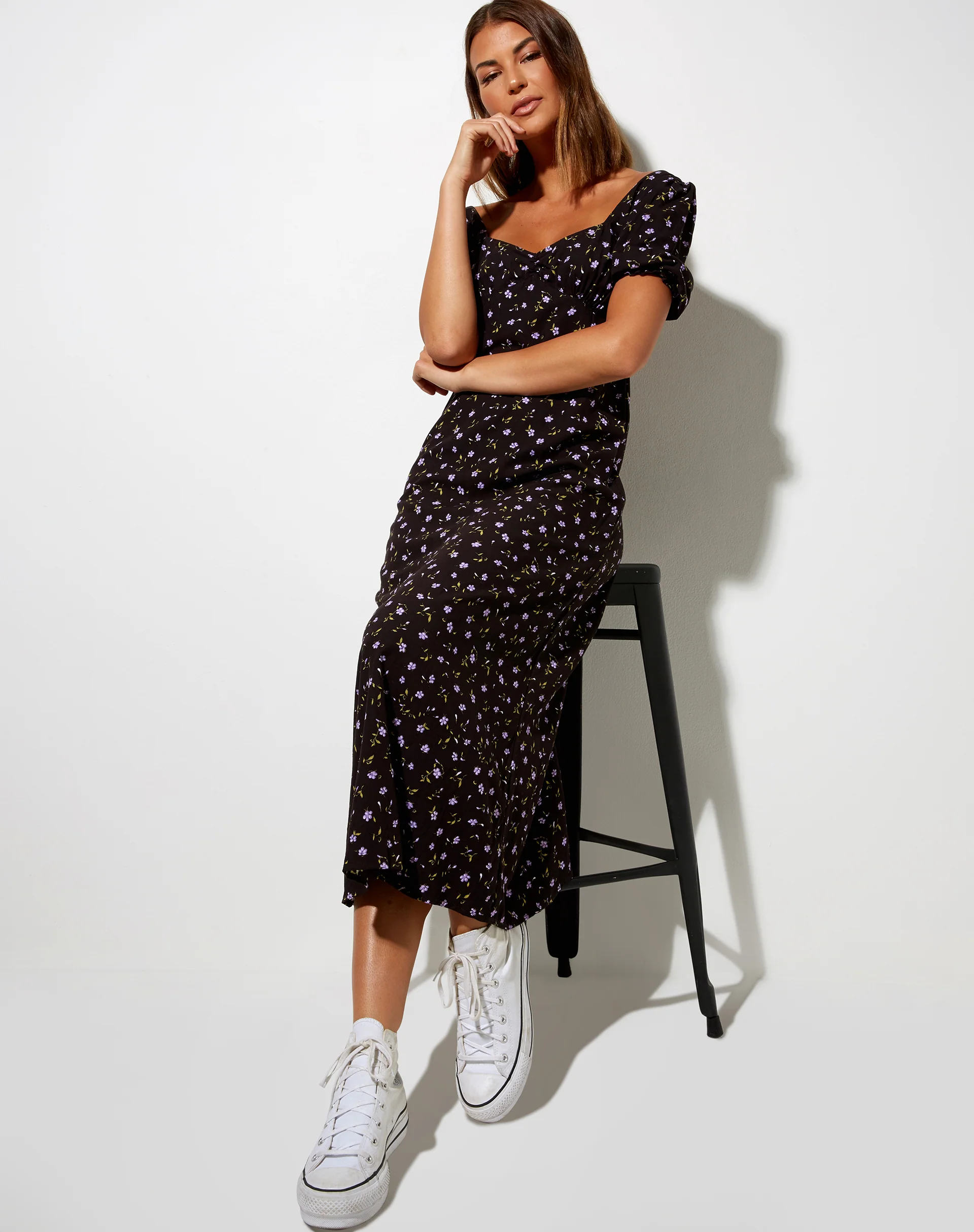 Fernanda Midi Dress in Pretty Petal Coffee and Purple - Awmao