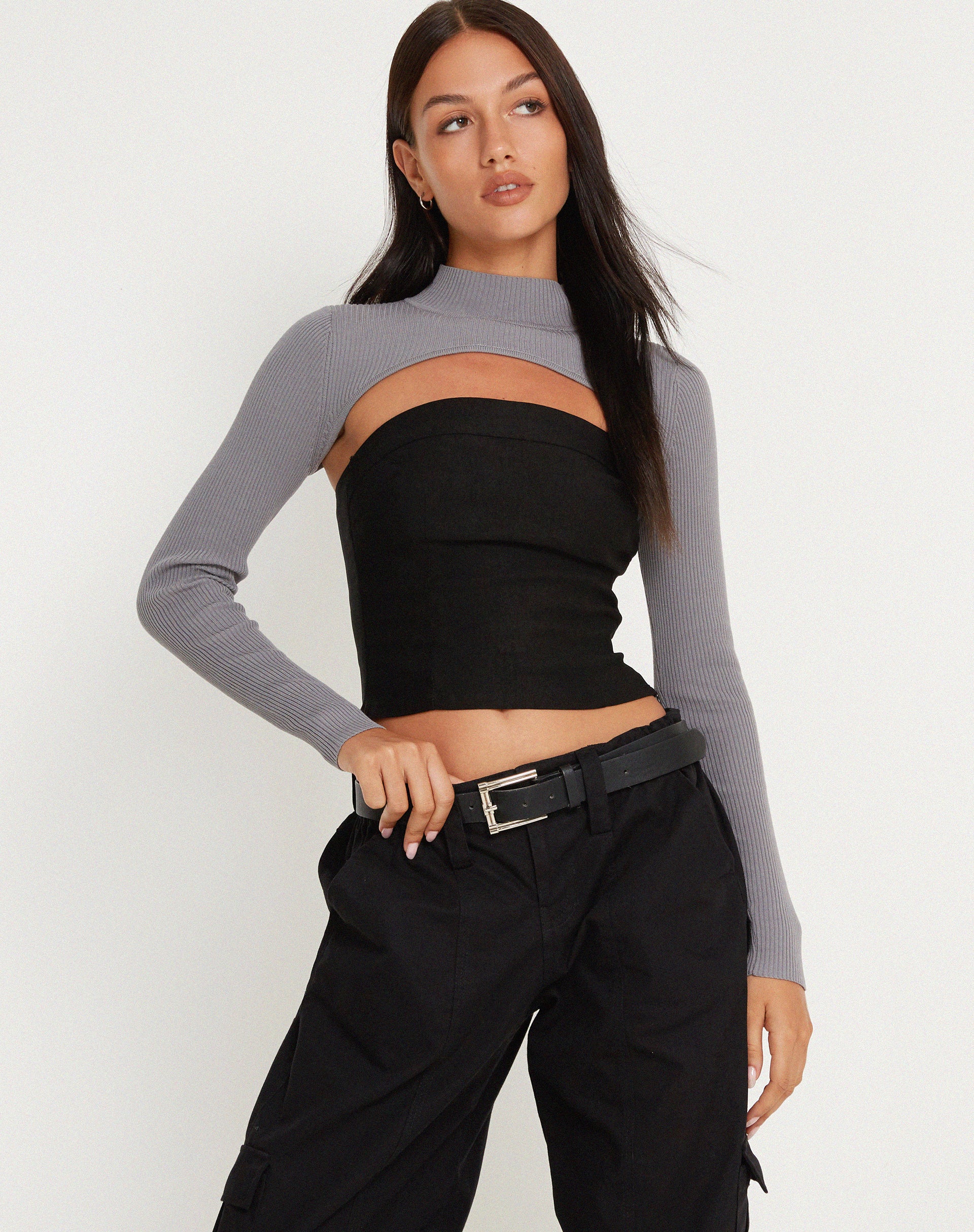 Renjana Long Sleeve Shrug Top in Flint Gray - Awmao