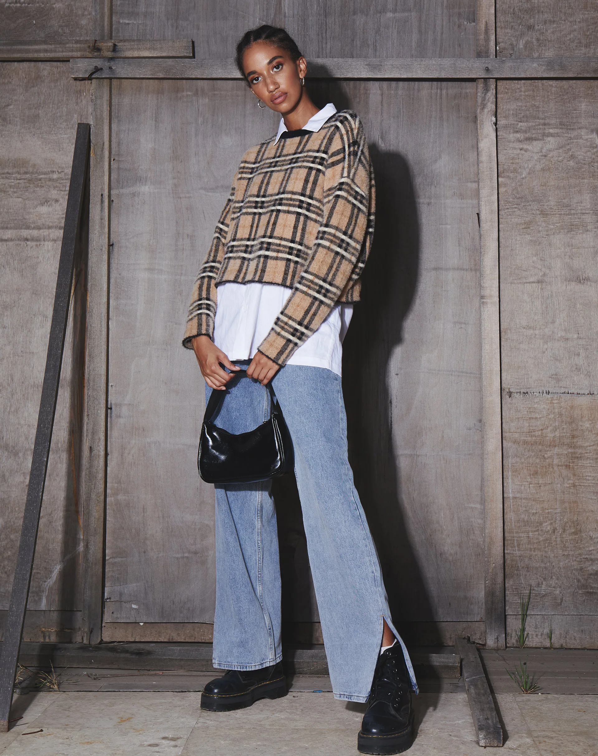 Oki Jumper in Knit Cream Black and White Check - Awmao