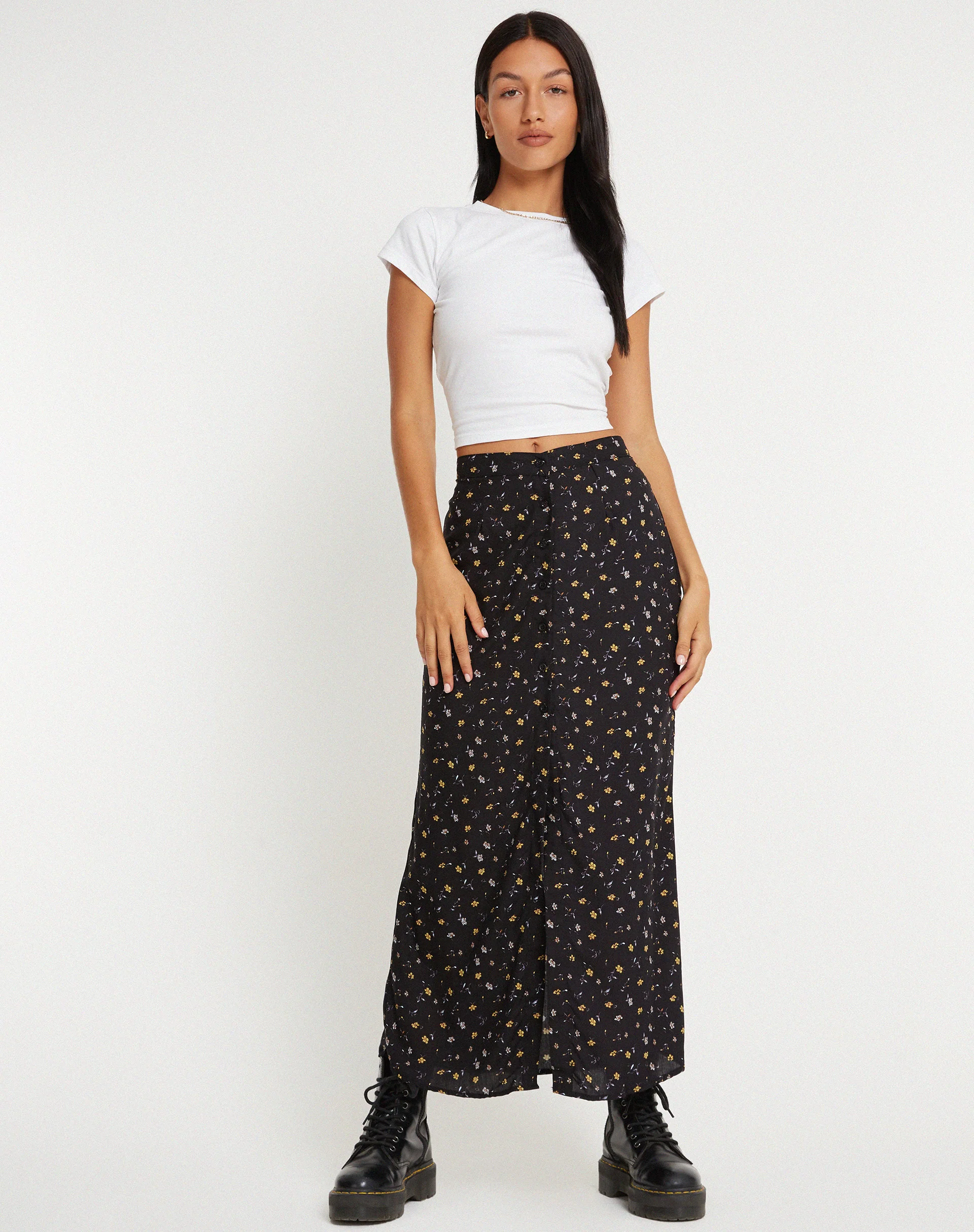 Rima Maxi Skirt in Pretty Petal Black - Awmao