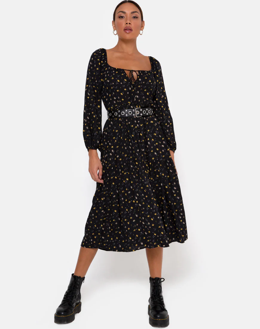 Senora Dress in Pretty Petal Black - Awmao