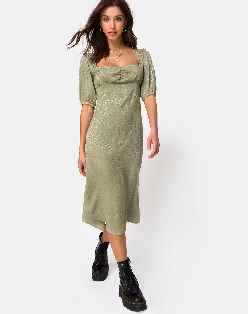 Millo Midi Dress in Satin Ditsy Rose Sage - Awmao
