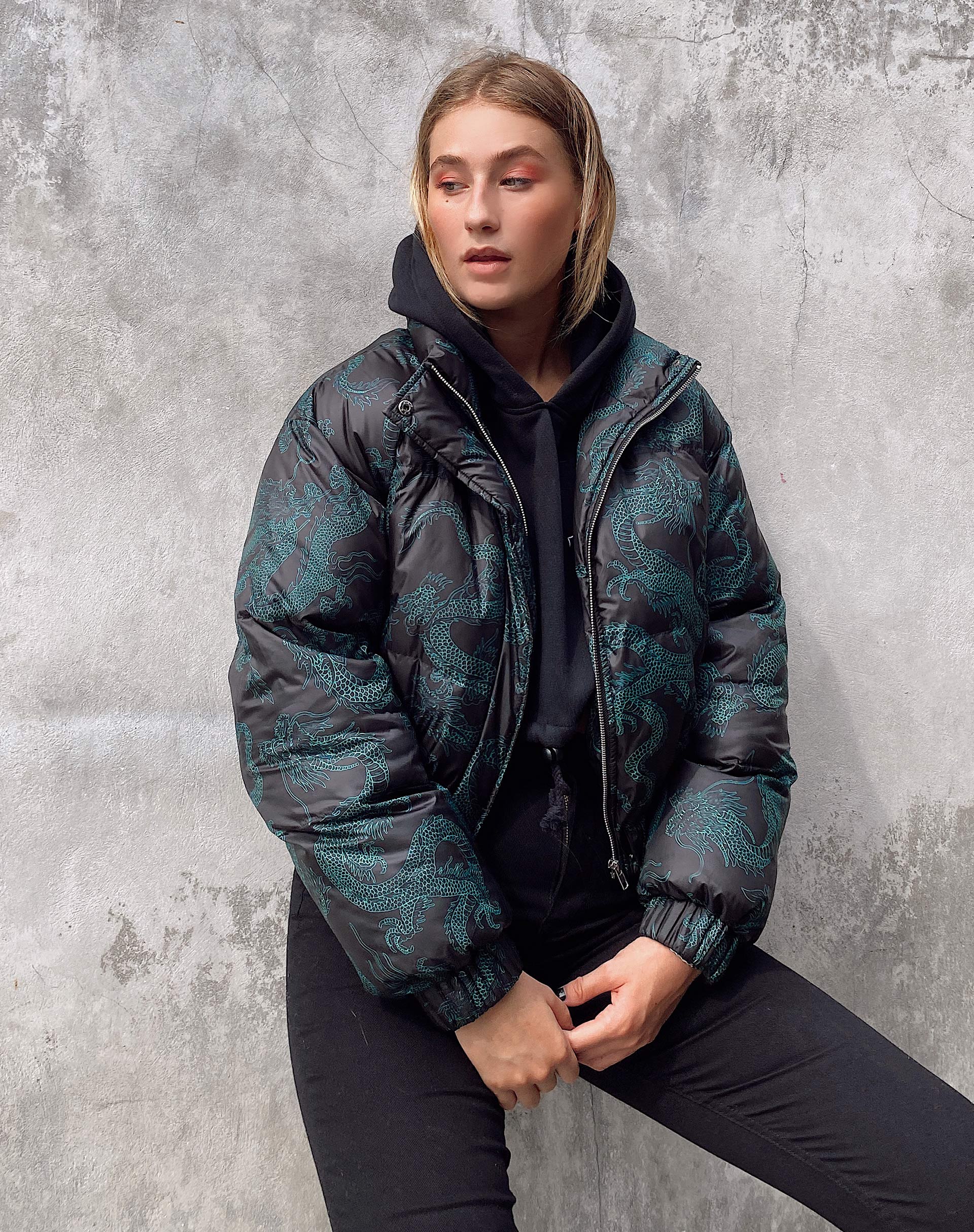 Rohos Puffer Jacket in Dragon Flower Black and Mint - Awmao