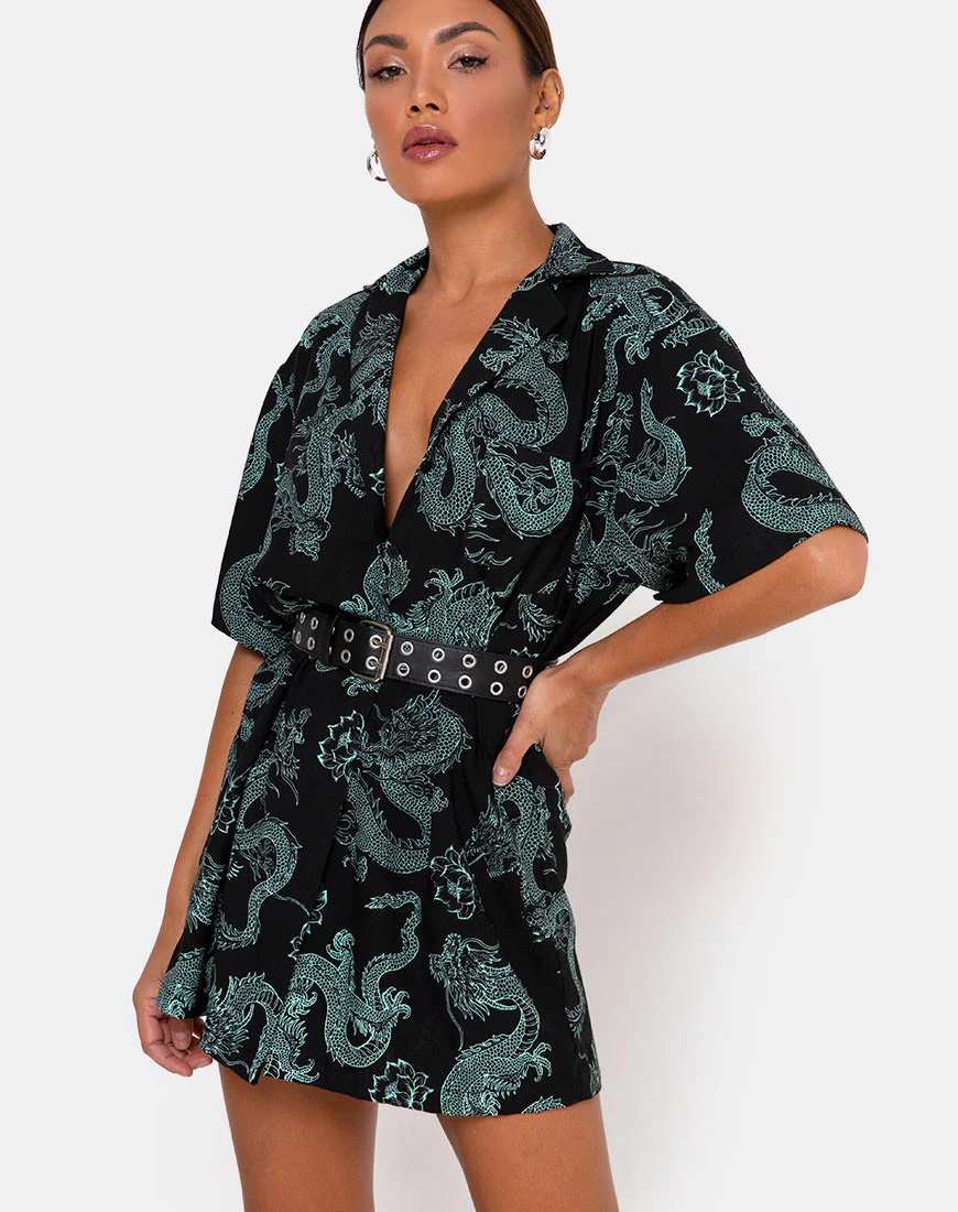 Fresia Dress in Dragon Flower Black and Mint - Awmao