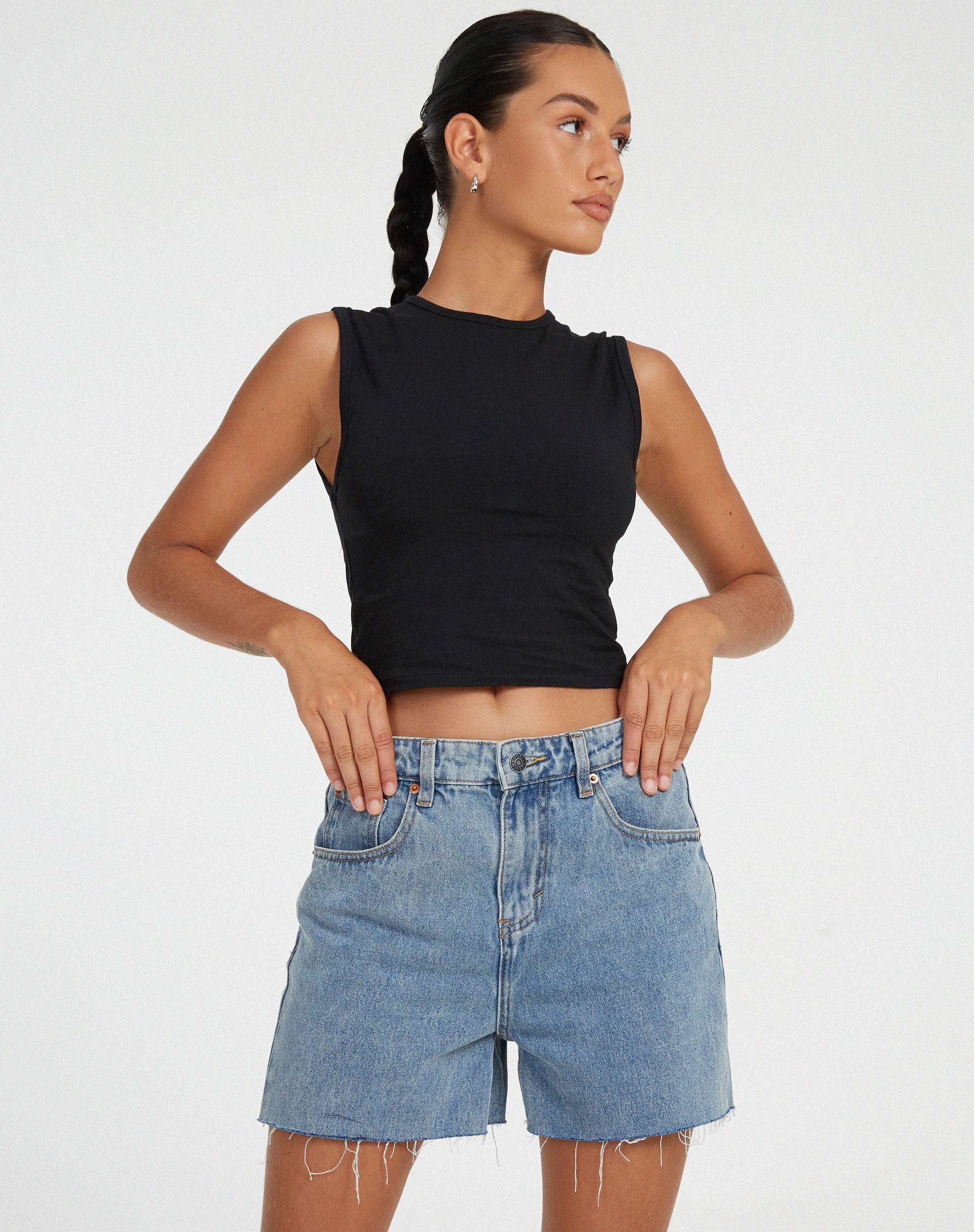 Mid Length Denim Shorts in Light Wash - Awmao