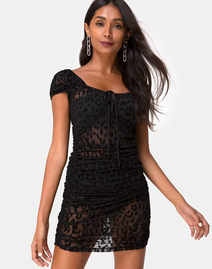 Guenetta Mini Dress in Animal Black Net - Awmao