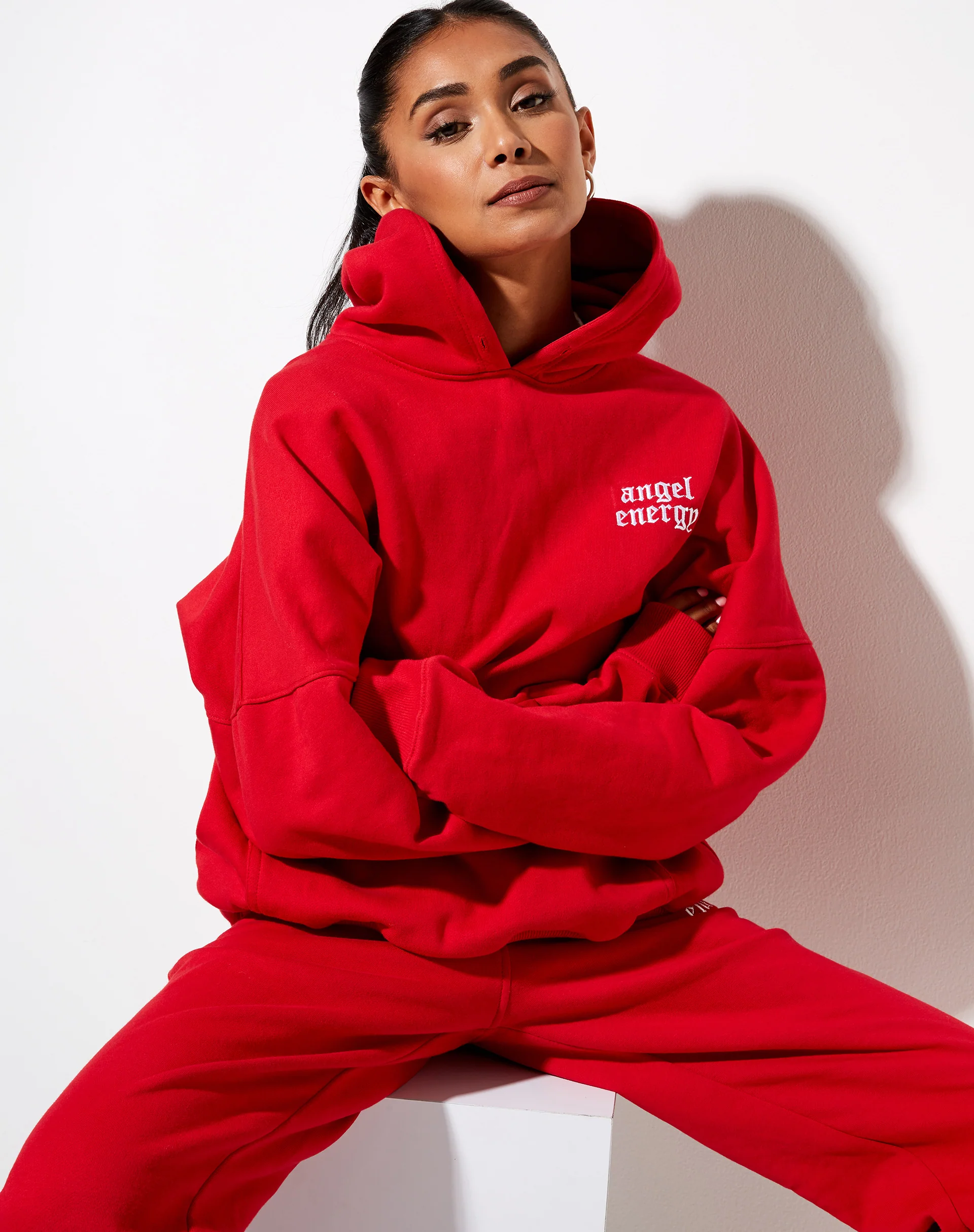 Oversize Hoodie in Racing Red with 'Angel Energy' Embro - Awmao