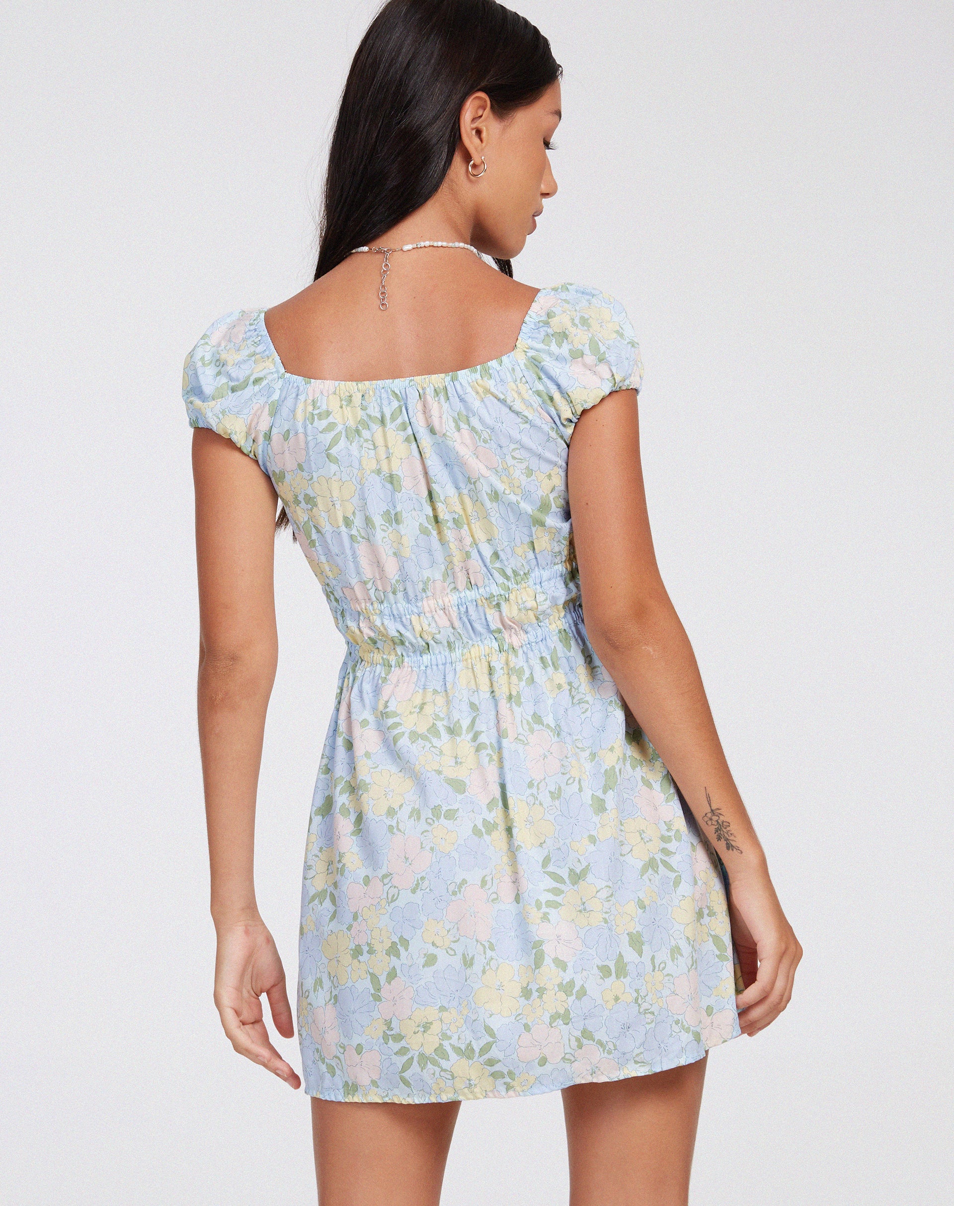 Galova Mini Dress in Washed Out Pastel Floral - Awmao