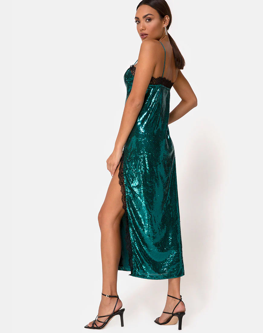 Fitilia Dress in Teal Mini Sequin with Black Lace - Awmao