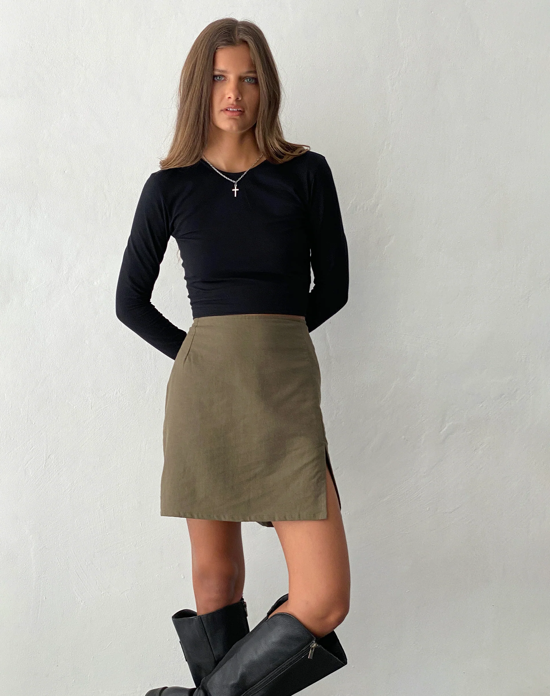 Sheny Mini Skirt in Khaki - Awmao