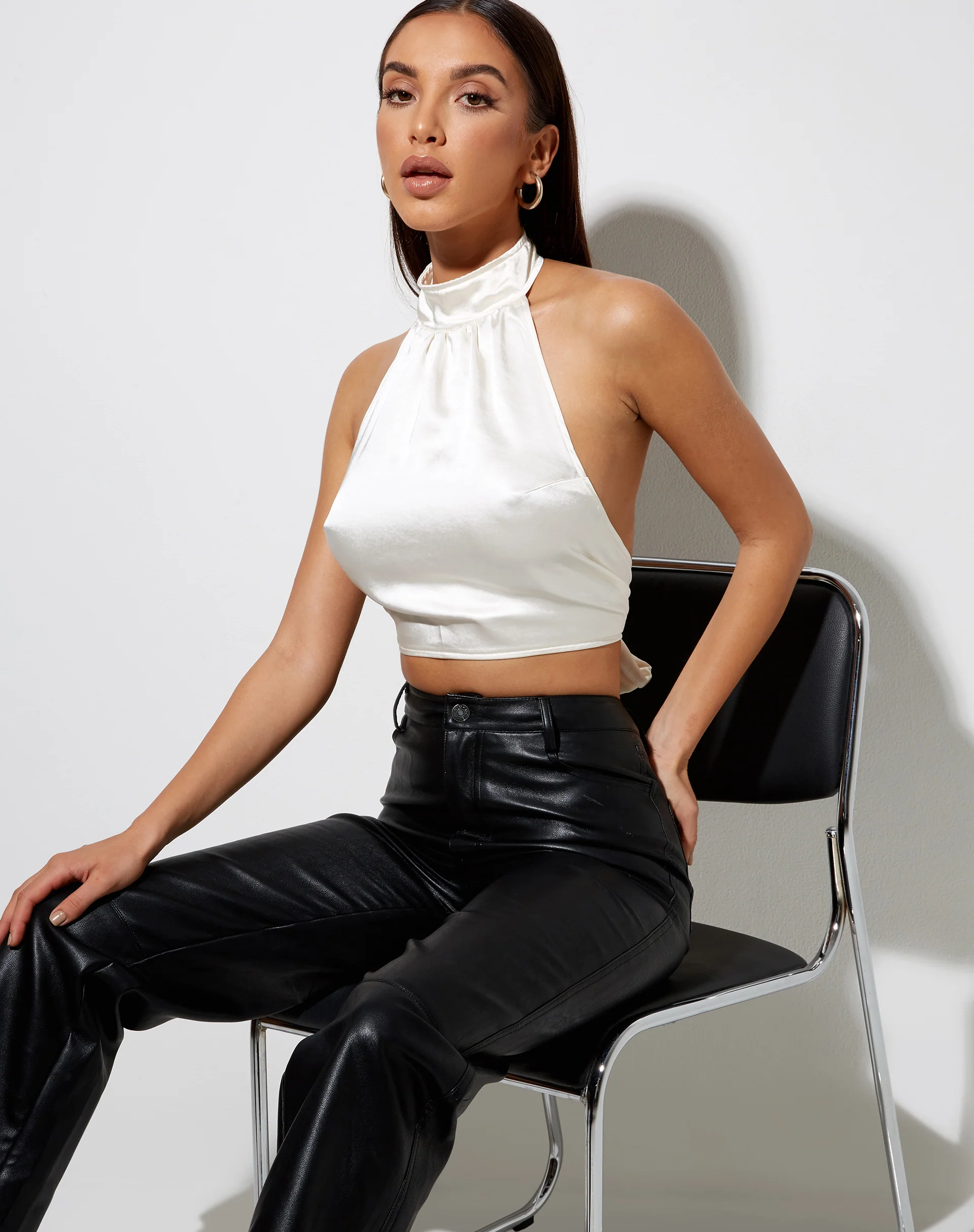 Noela Crop Top in Satin Ivory - Awmao