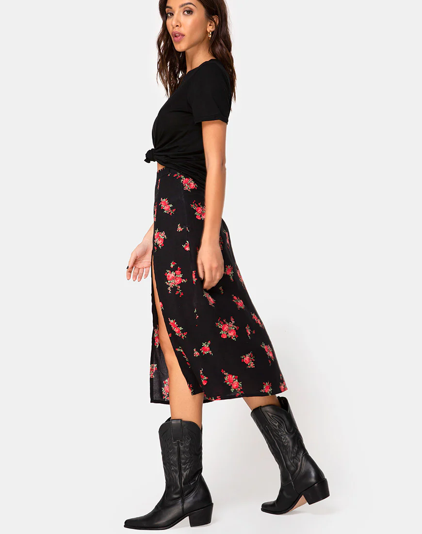 Saika Midi Skirt in Soi Rose Black and Red - Awmao
