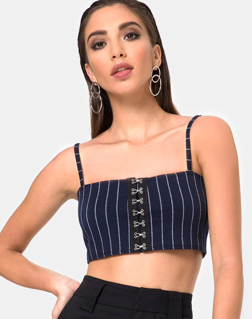 Kyga Crop Top In Navy Pinstripe - Awmao