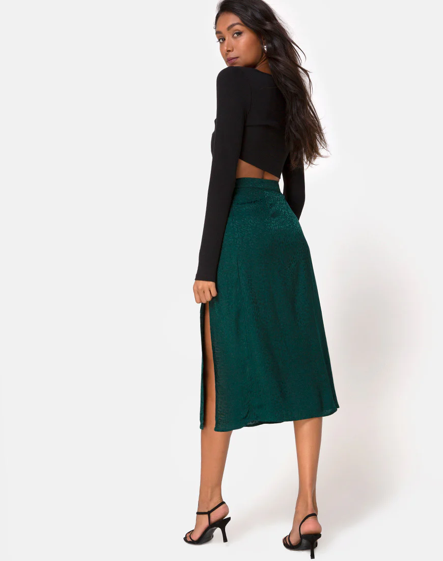 Saika Midi Skirt in Satin Cheetah Forest Green - Awmao