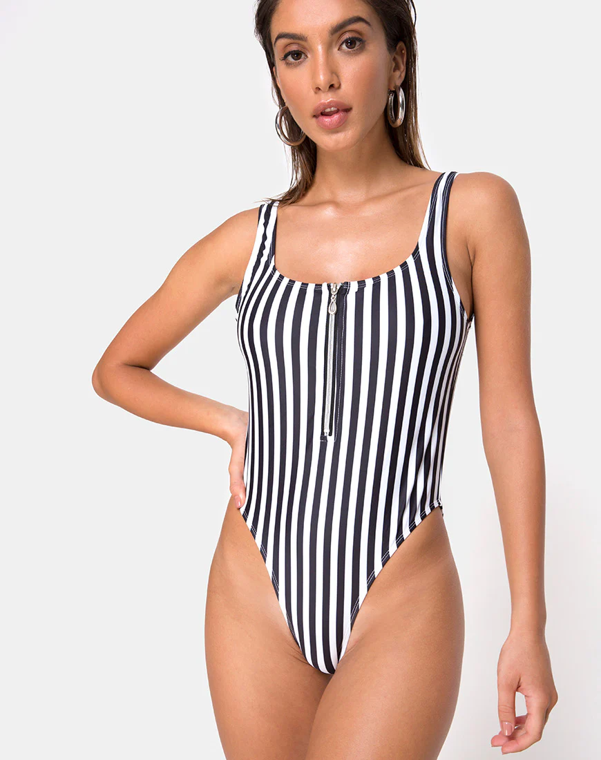 Yelda Plunge Swimsuit in Black and White Stripe - Awmao