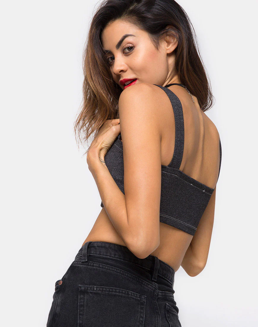Fallon Crop Top in Denim Black - Awmao