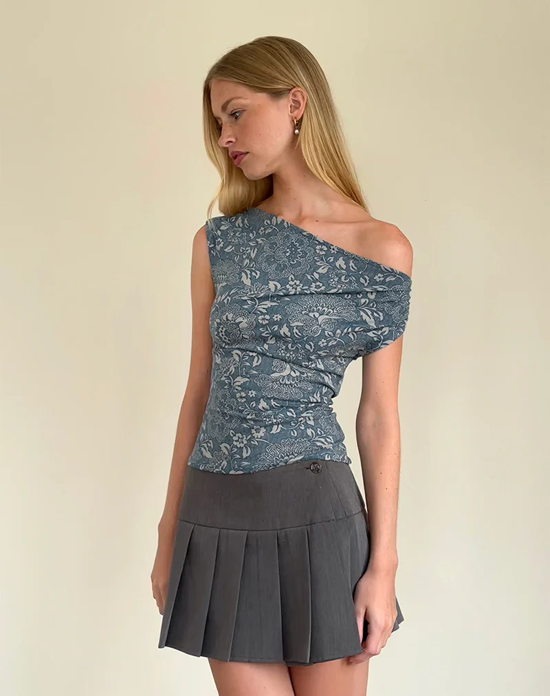 Calypso Top in Blue Ornate Print Lycra - Awmao
