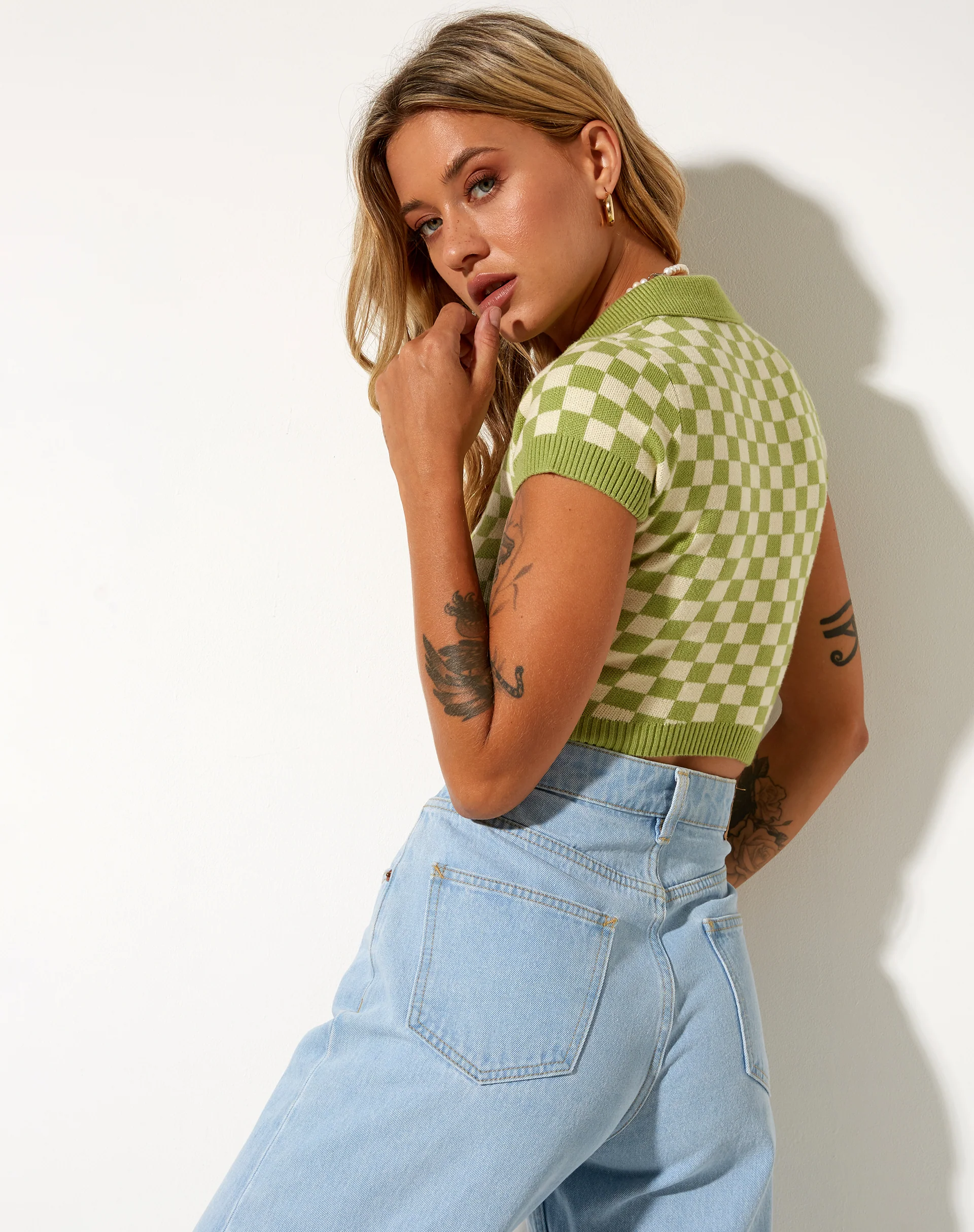 Tamma Crop Top in Crochet Checkerboard Green and Cream - Awmao