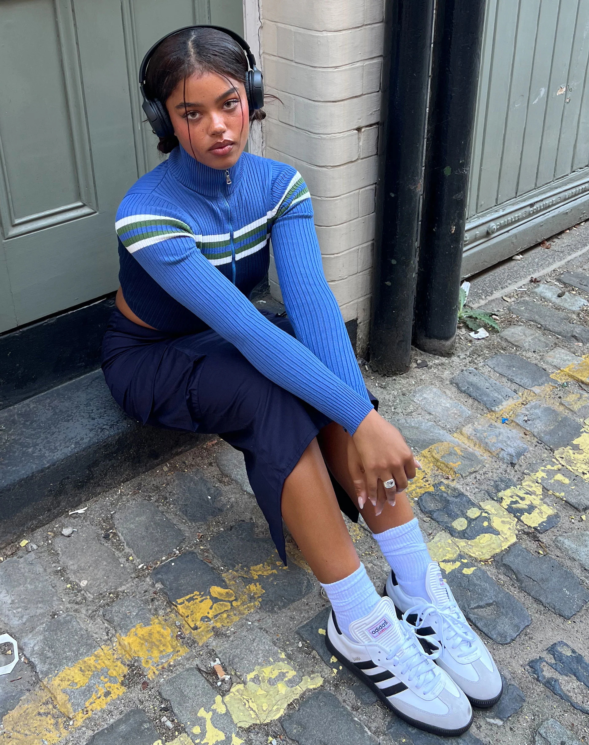 Tuzifa Cropped Knit Jumper in Navy Green and Blue - Awmao