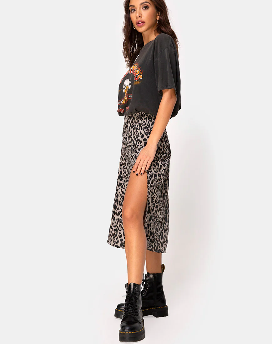 Saika Midi Skirt in Leopard Grey - Awmao