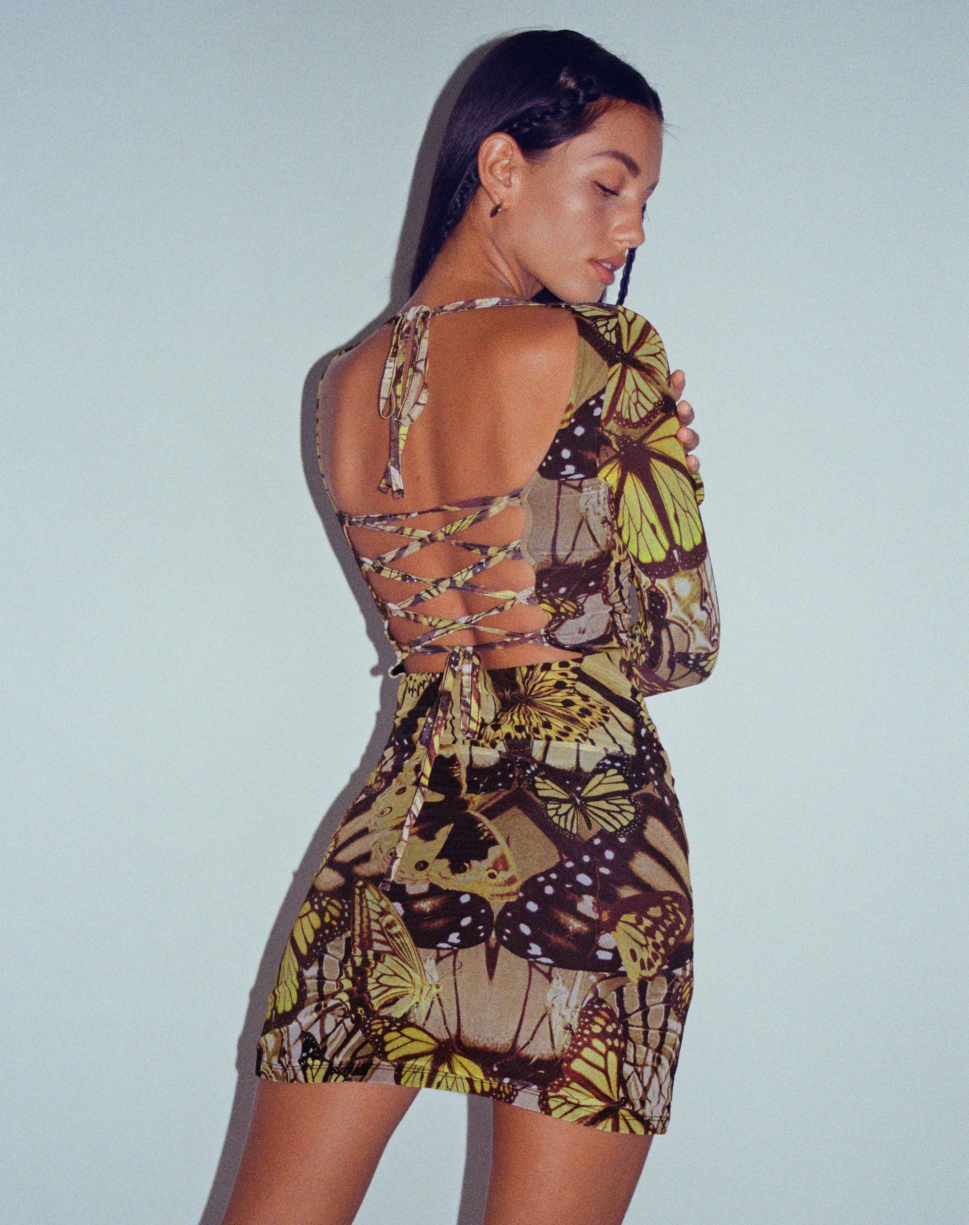 Onata Long Sleeve Mini Dress in Butterfly Gold - Awmao