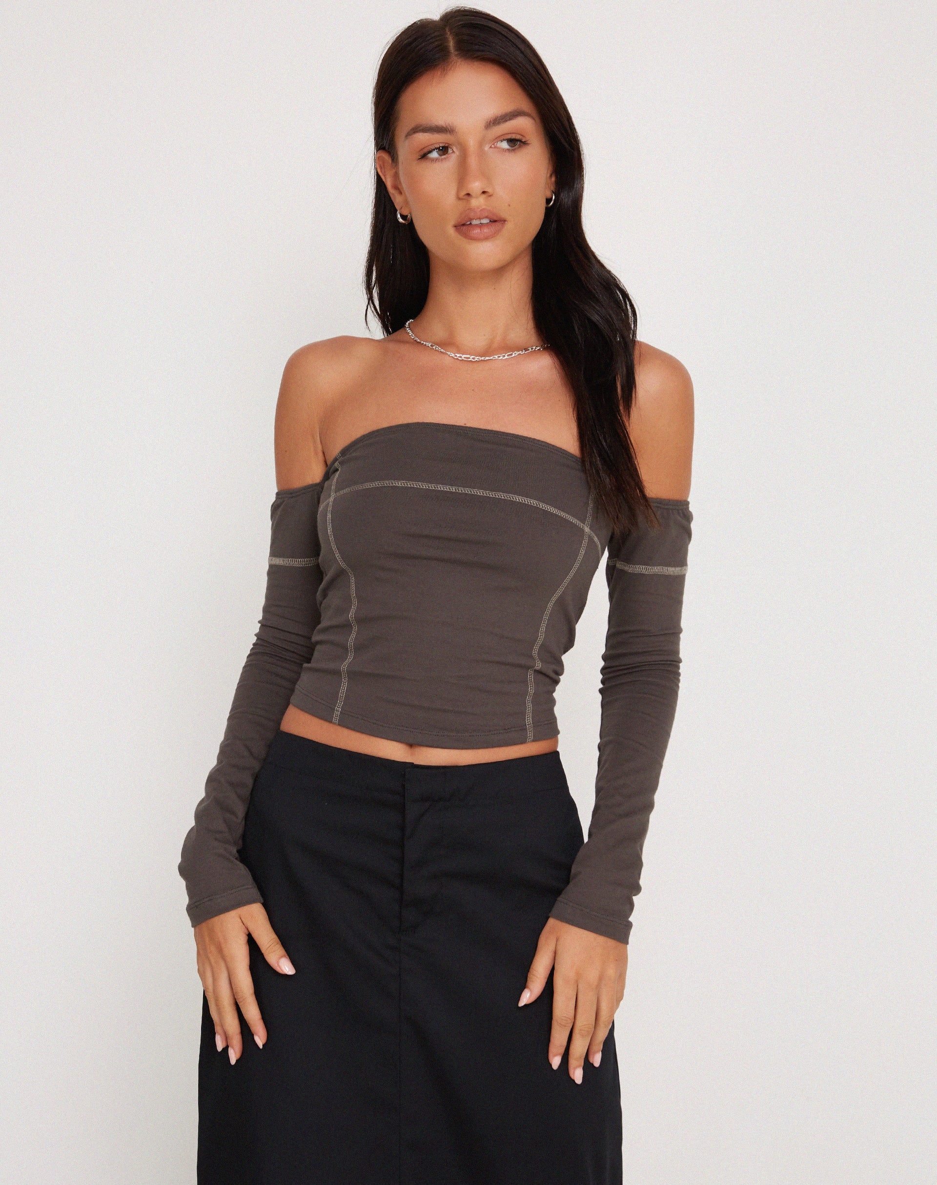 Lan Long Sleeve Top in Gunmetal with Grey Top Stitch - Awmao