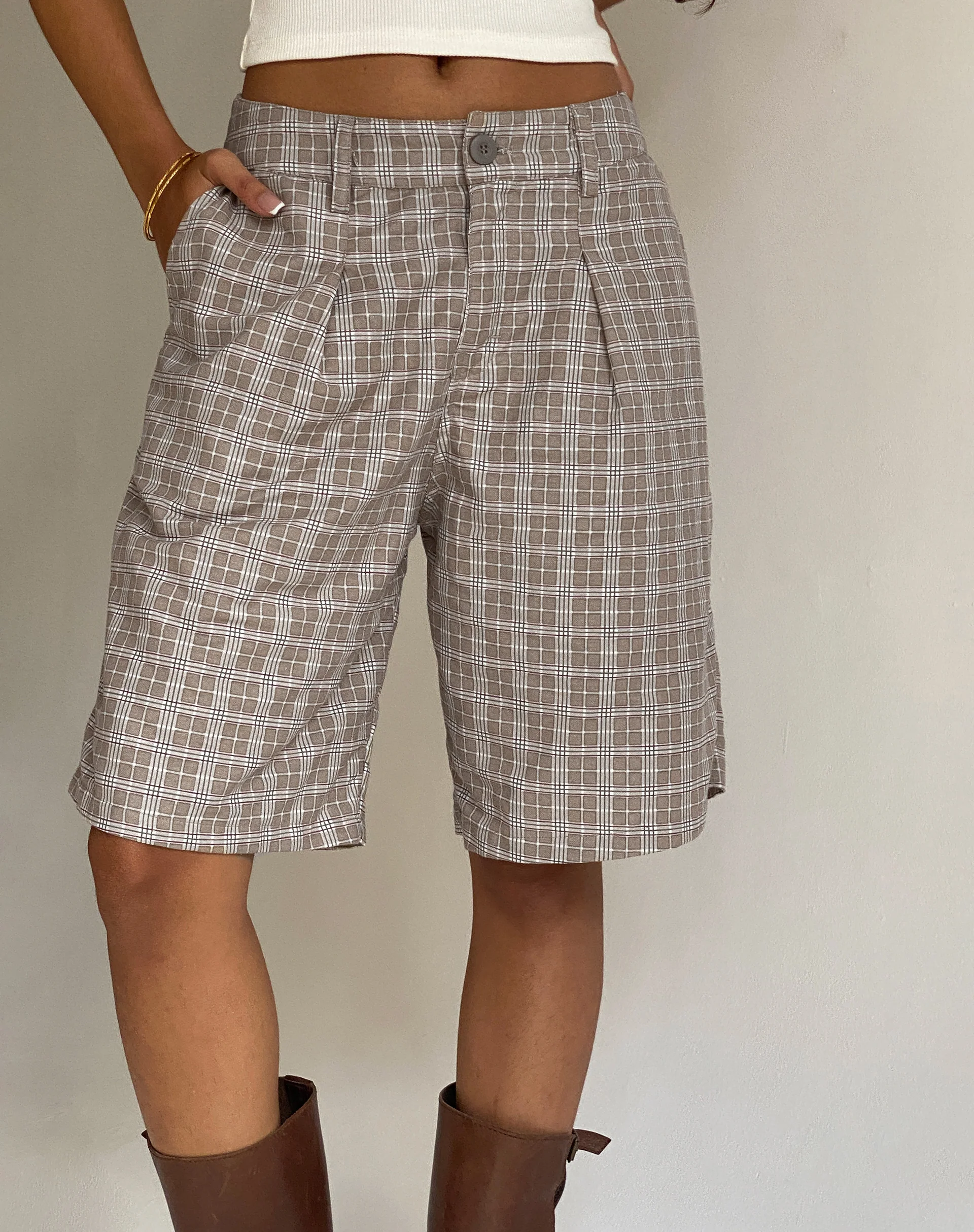 Gail Longline Shorts in Taupe Check - Awmao