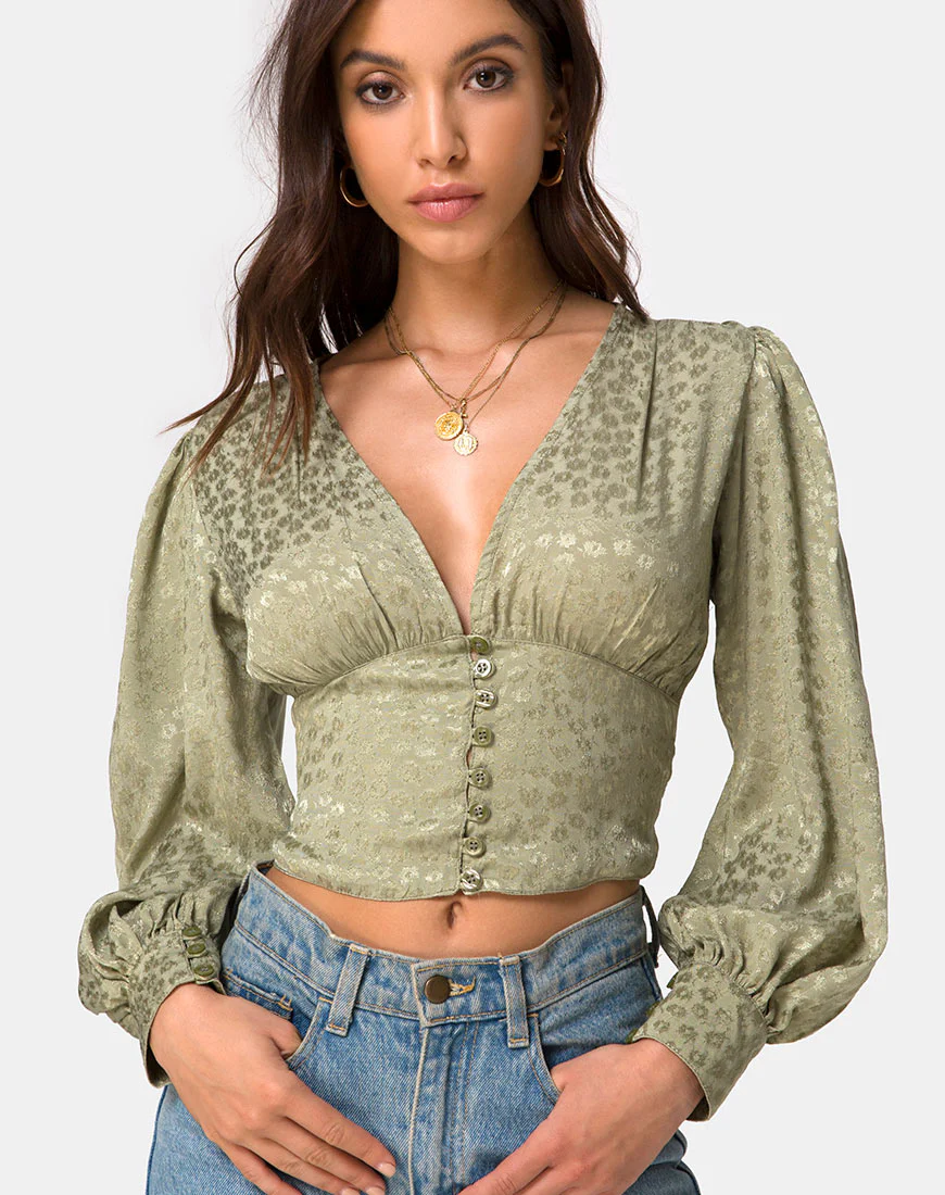 Bina Long sleeve Top in Satin Ditsy Rose Sage - Awmao