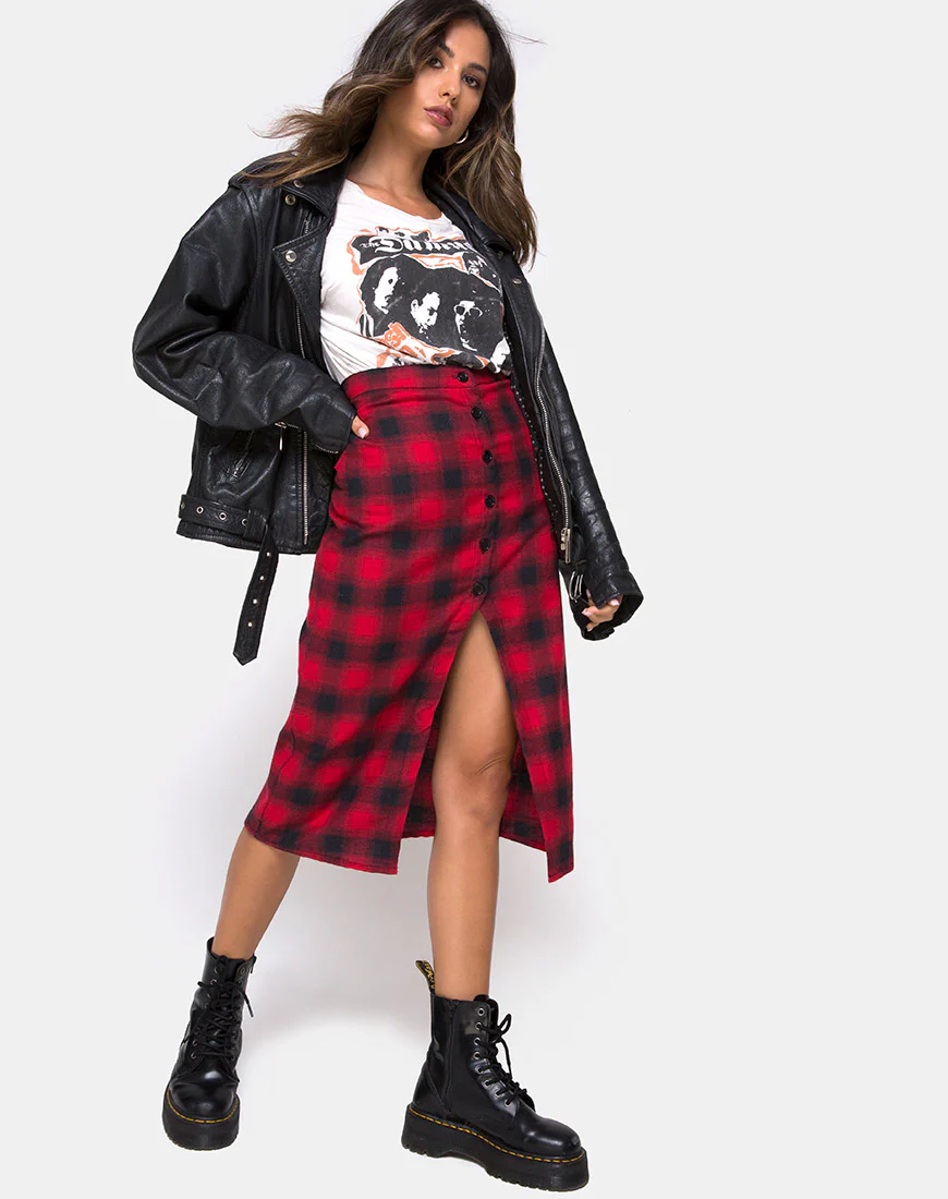 Kaisa Midi Skirt in Plaid Red and Black - Awmao