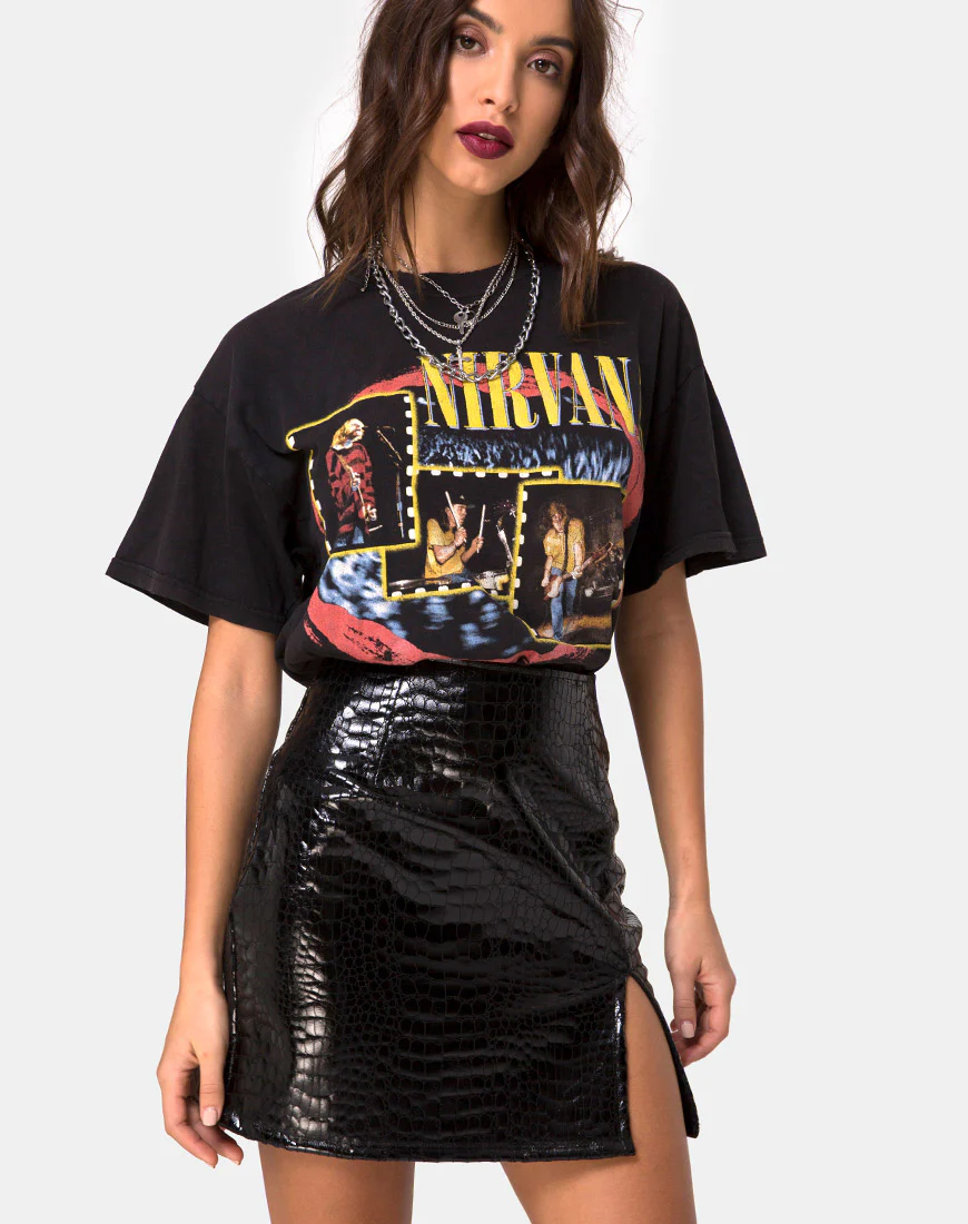Wave Skirt in PU Croco Black - Awmao