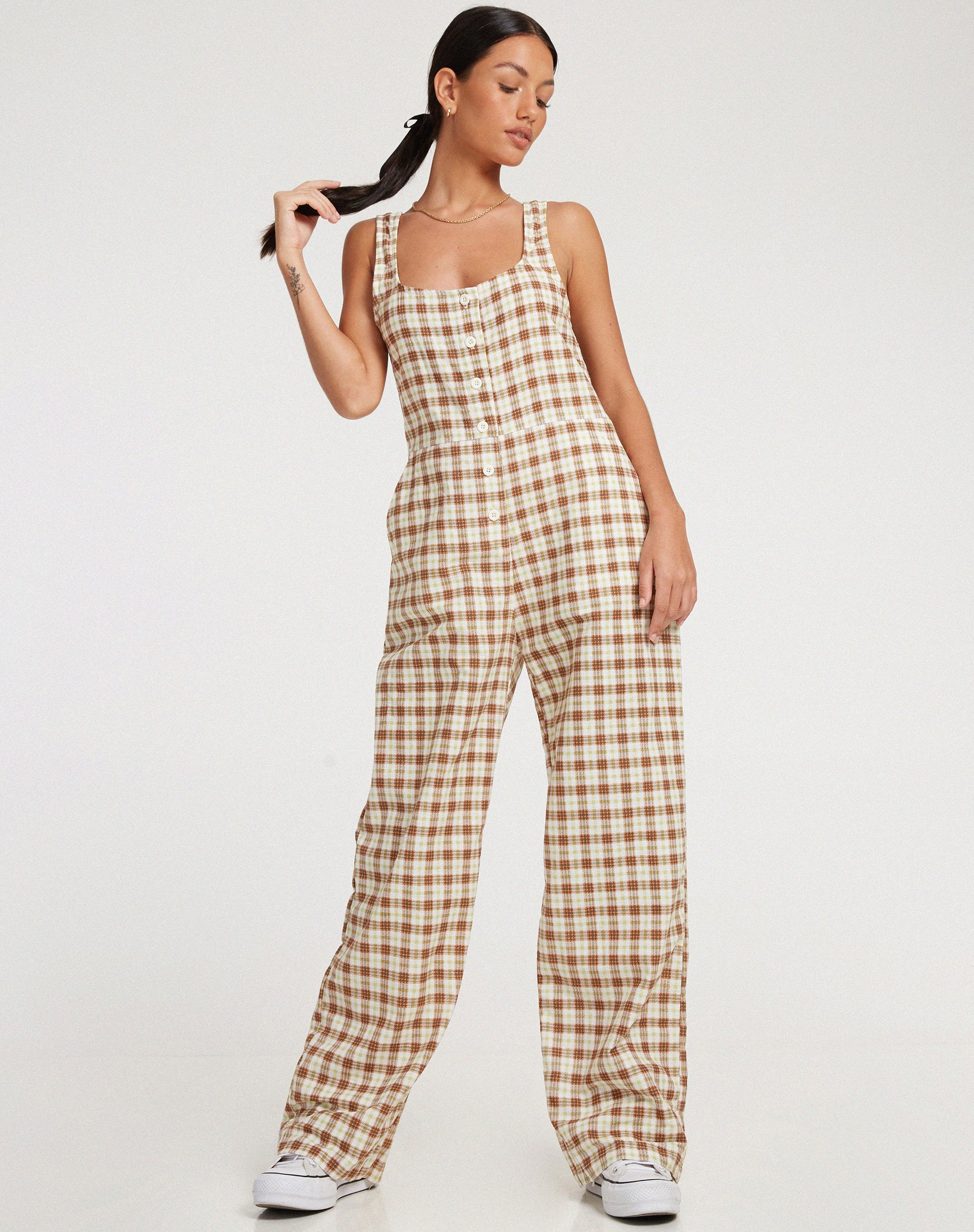 Beatrix Jumpsuit in Yellow Brown Check - Awmao