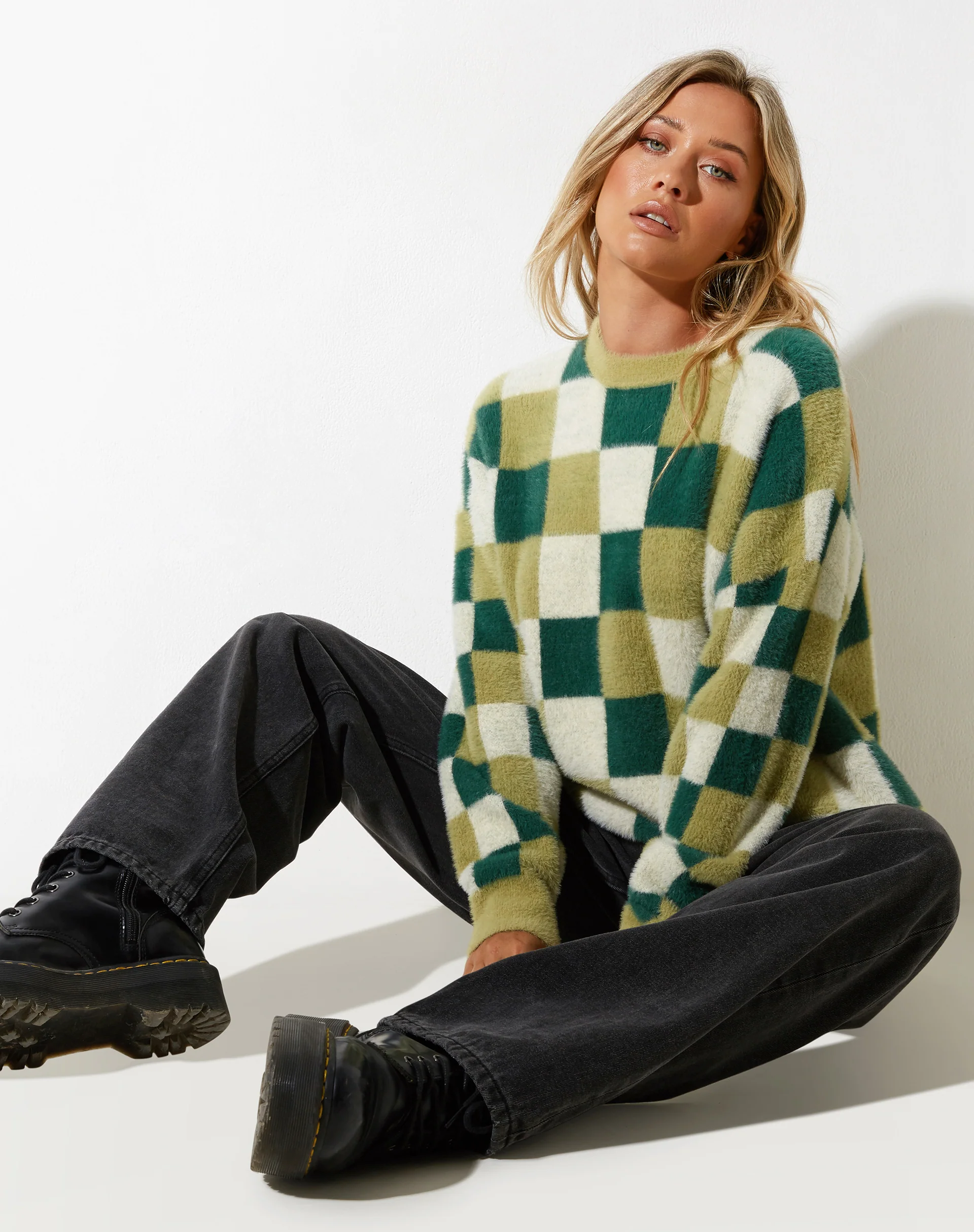 Namari Jumper in Checker Green Cream - Awmao