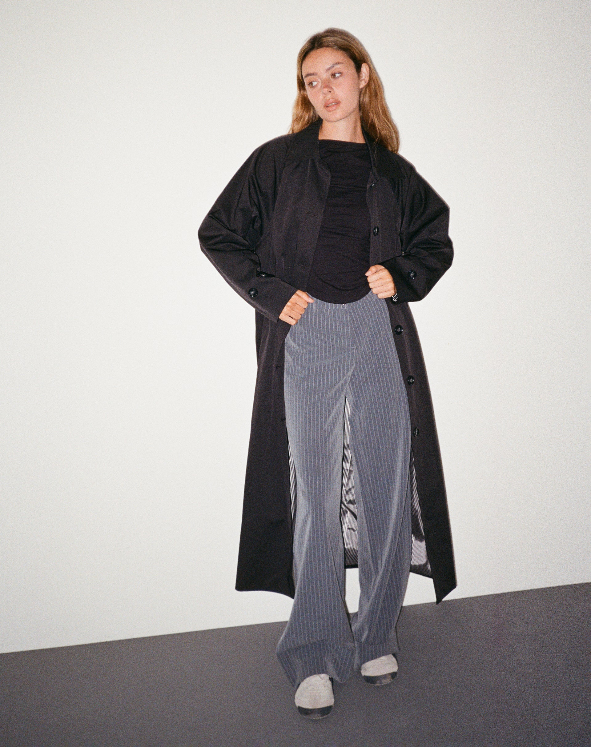 Assa Trench Coat in Black with Stripe Lining - Awmao