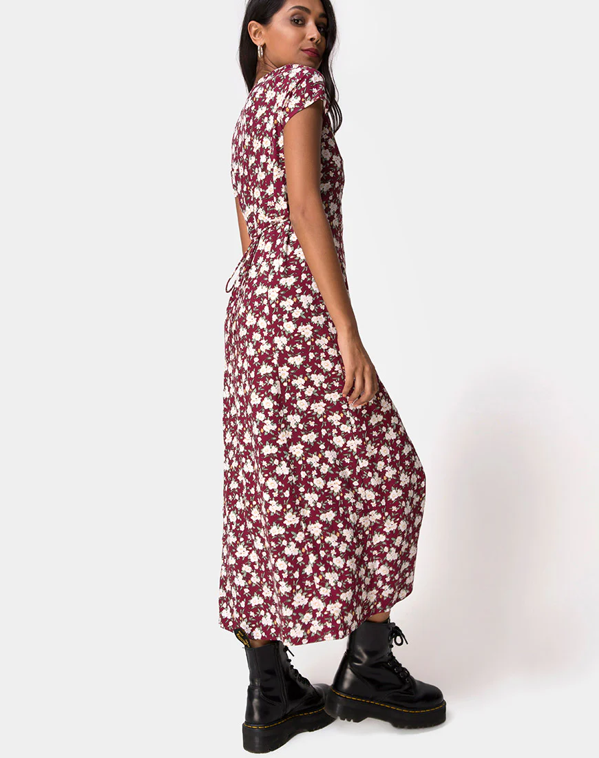 Sanrin Midi Dress in Wild Fleur Maroon - Awmao