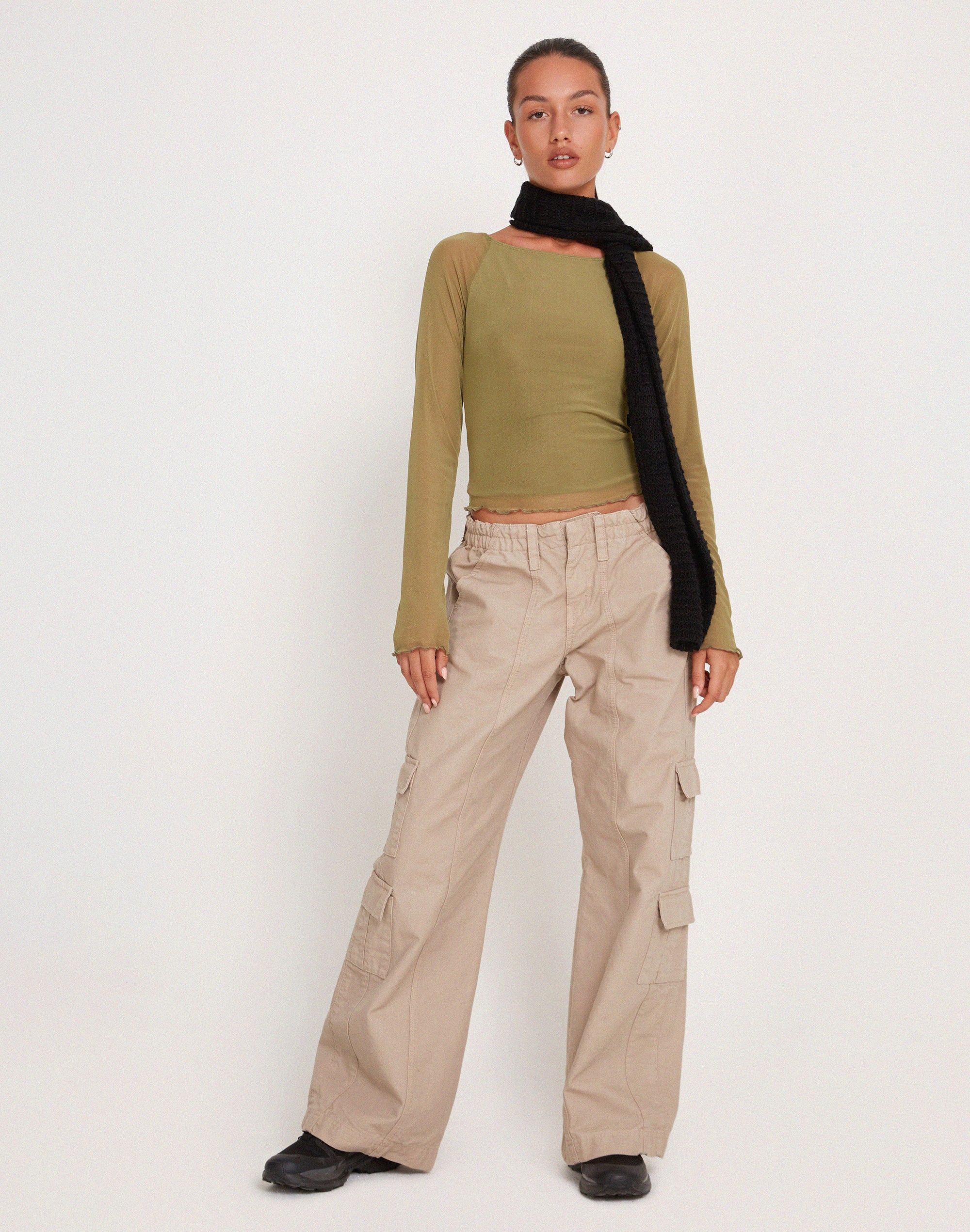 Mahira Long Sleeve Mesh Top in Olive - Awmao