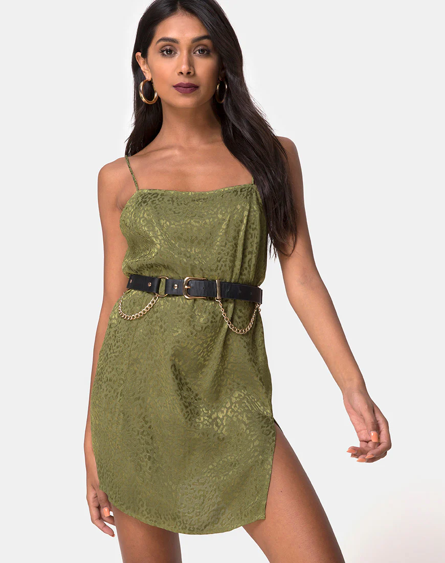 Datista Slip Dress in Satin Cheetah Khaki - Awmao