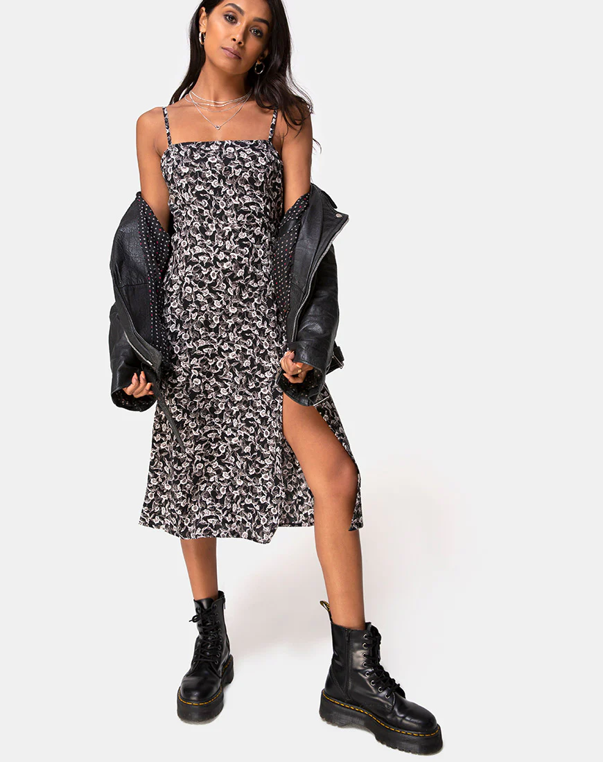 Kaoya Midi Dress in Wild Tulip Black - Awmao