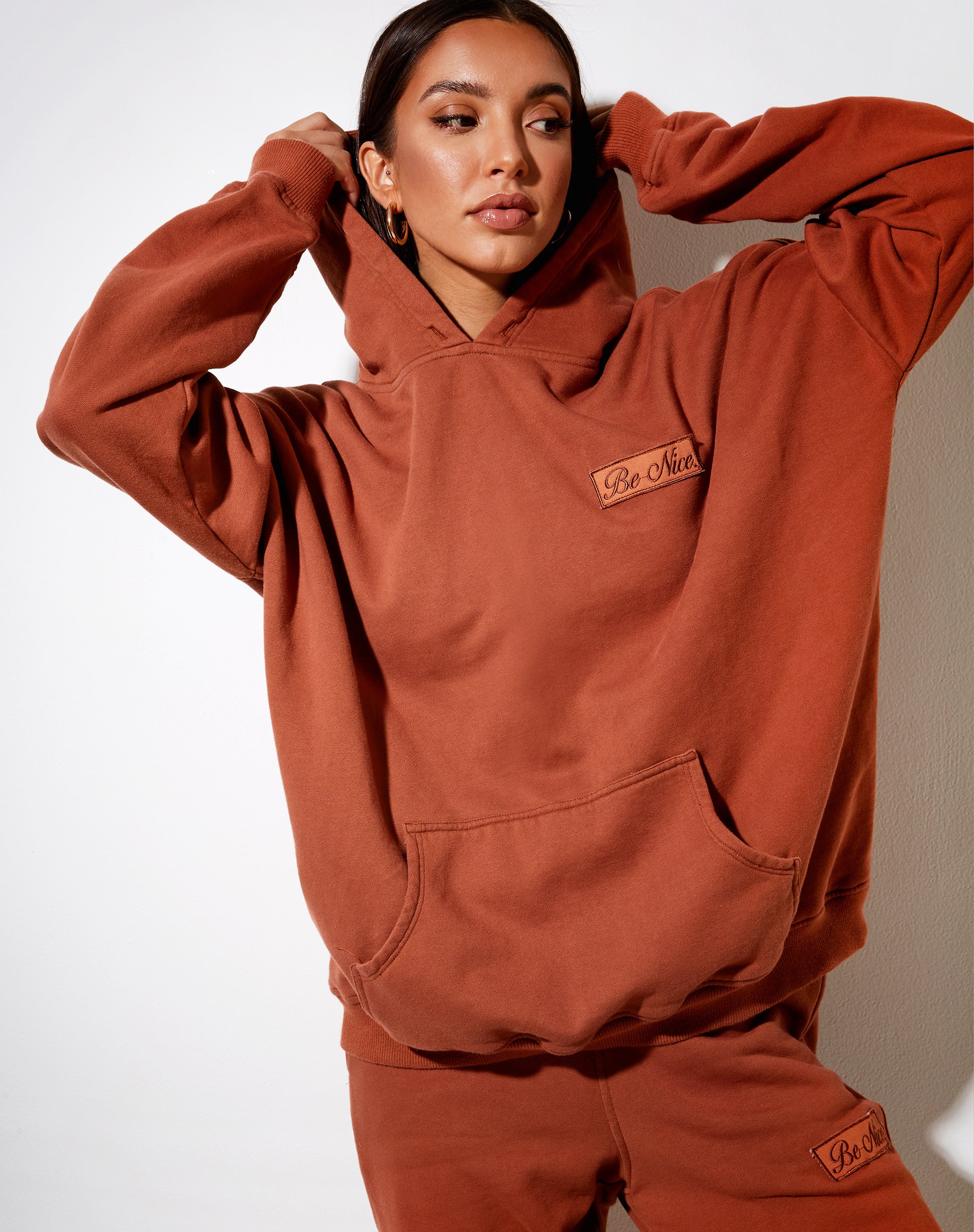 Oversize Hoodie in Burnt Brick 'Be Nice' Label Embro - Awmao